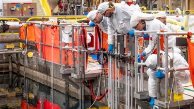 Workers transfer lead test rods to Hatch 1's used fuel pool (Image: Southern Nuclear)