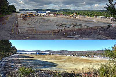 Before and after: Demolition of the 380,000-square-foot K-1037 Building left behind a massive slab, at top, which workers have since removed, above
